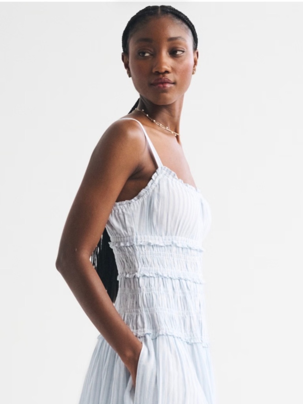 Abercrombie & Fitch Bra-Free Smocked Drop Waist Maxi Dress Blue Stripe NWT SZ S - Picture 5 of 11